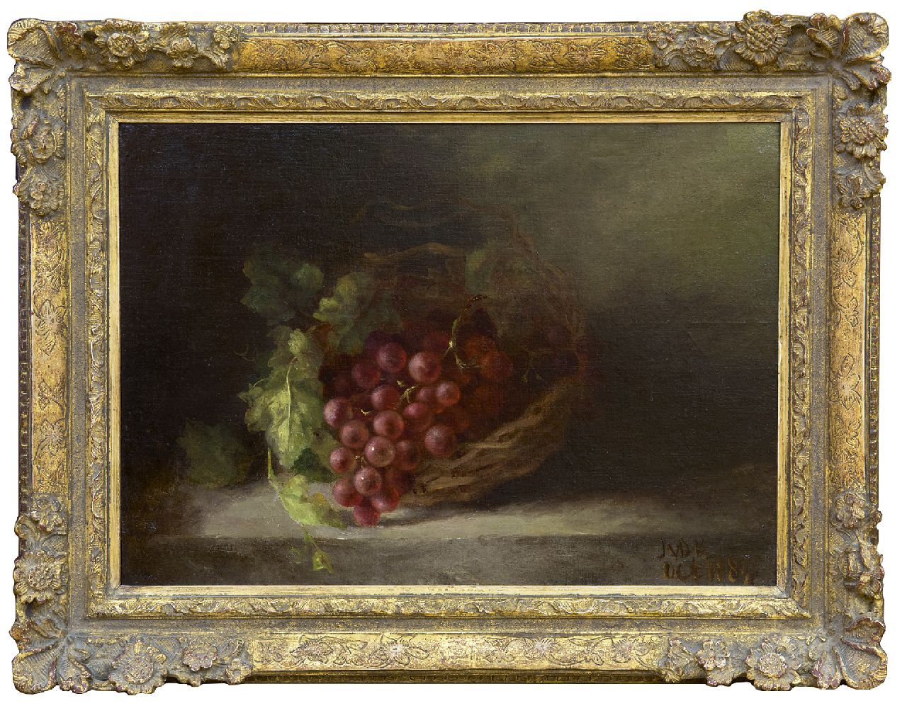 Kasteele J.M. van de | Johanna Margaretha van de Kasteele | Schilderijen te koop aangeboden | Stilleven van druiven in een mand, olieverf op doek op paneel 35,8 x 50,6 cm, gesigneerd rechtsonder met initialen en gedateerd oct. 1884