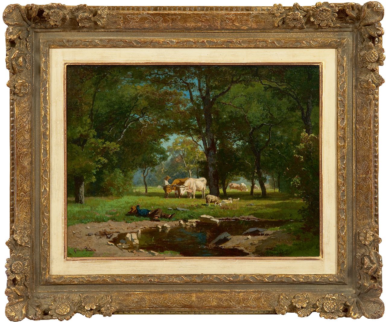 Bilders A.G.  | Albertus Gerardus 'Gerard' Bilders, Herders met vee bij een bosbeek, olieverf op doek 31,0 x 41,2 cm, gesigneerd linksonder en te dateren begin jaren 1860