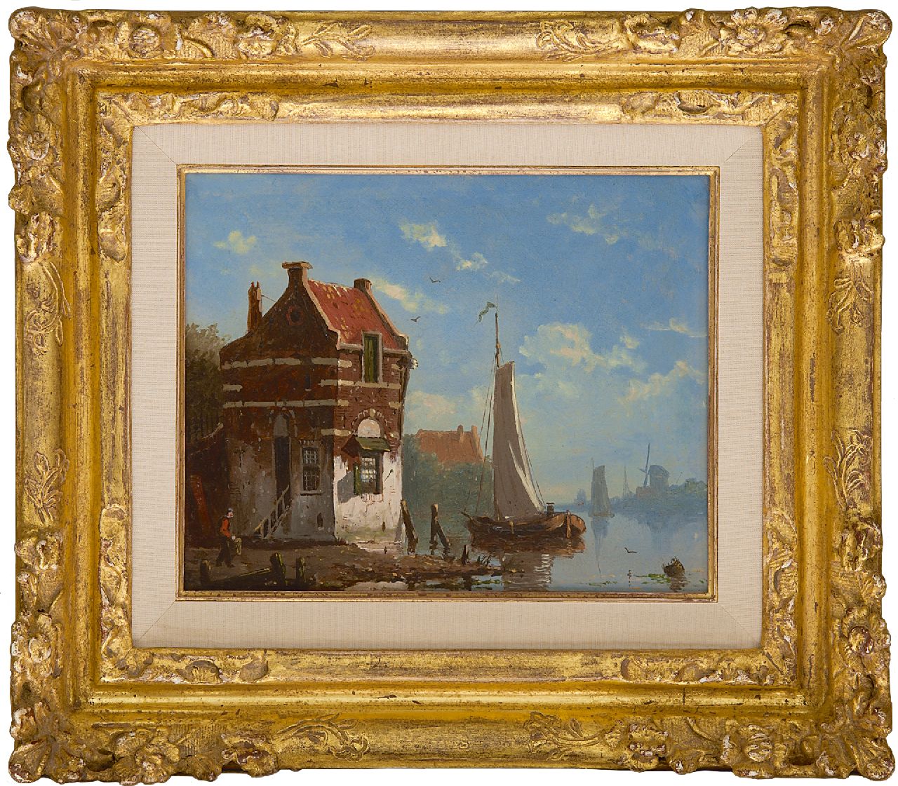 Roosdorp F.  | Frederik Roosdorp | Schilderijen te koop aangeboden | Zeilschepen op kalme rivier bij een dorpje, olieverf op paneel 14,2 x 17,6 cm, gesigneerd linksonder met initiaal