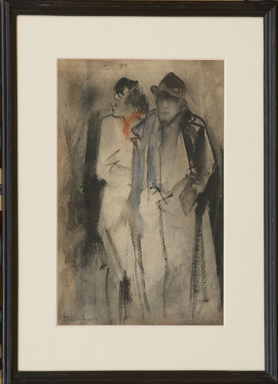 Rijlaarsdam J.  | Jan Rijlaarsdam, Man en vrouw bij avond, krijt en aquarel op papier 38,6 x 27,2 cm, gesigneerd linksonder