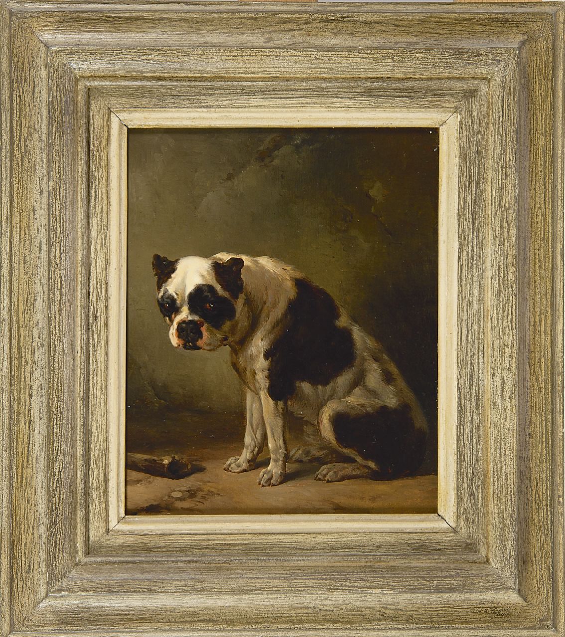 Verschuur W.  | Wouterus Verschuur | Schilderijen te koop aangeboden | Zittende bulldog, olieverf op paneel 10,2 x 19,6 cm