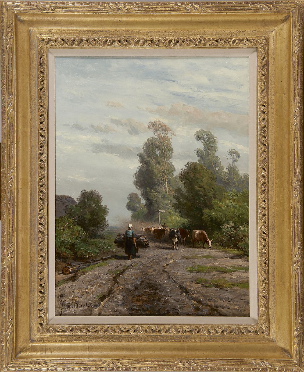 Borselen J.W. van | Jan Willem van Borselen, Zomerlandschap met koeherder en kudde, olieverf op doek 40,9 x 31,0 cm, gesigneerd linksonder