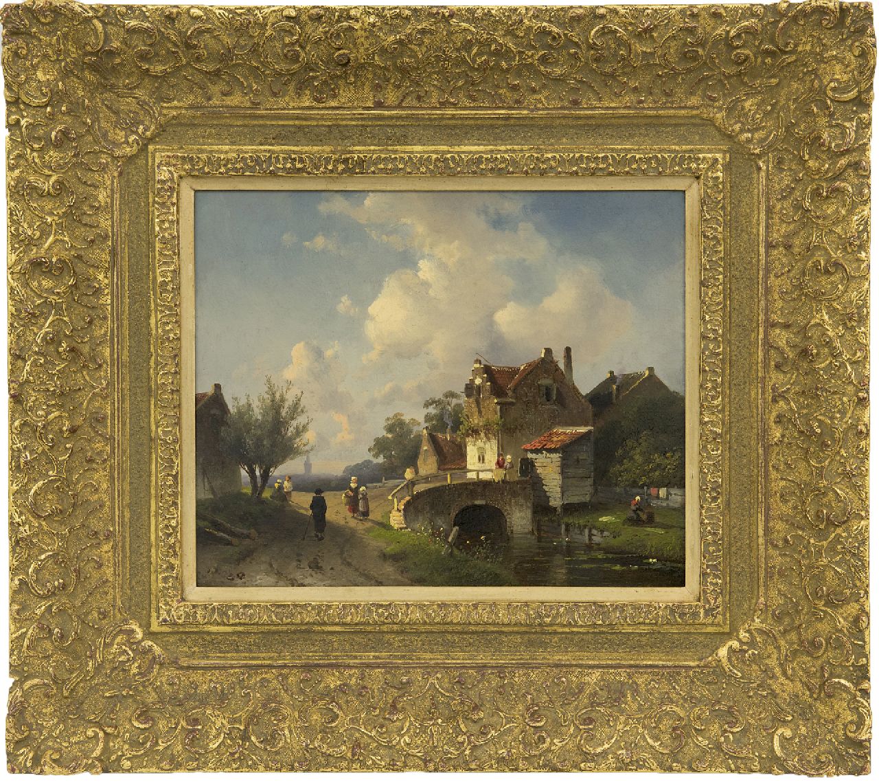Leickert C.H.J.  | 'Charles' Henri Joseph Leickert, Weg langs de dorpsrand, olieverf op paneel 20,0 x 24,7 cm, gesigneerd dubbel gesigneerd (linksonder en rechtsonder) en te dateren ca. 1860