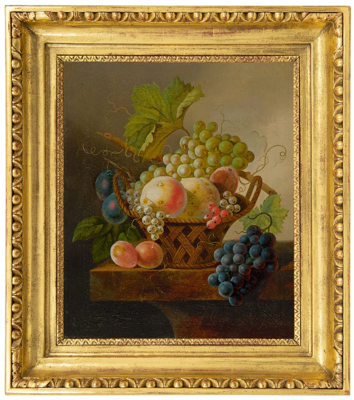 Bruyn J.C. de | Johannes Cornelis de Bruyn | Schilderijen te koop aangeboden | Stilleven met druiven en perziken in een mand, olieverf op doek 43,8 x 36,0 cm, gesigneerd rechtsonder