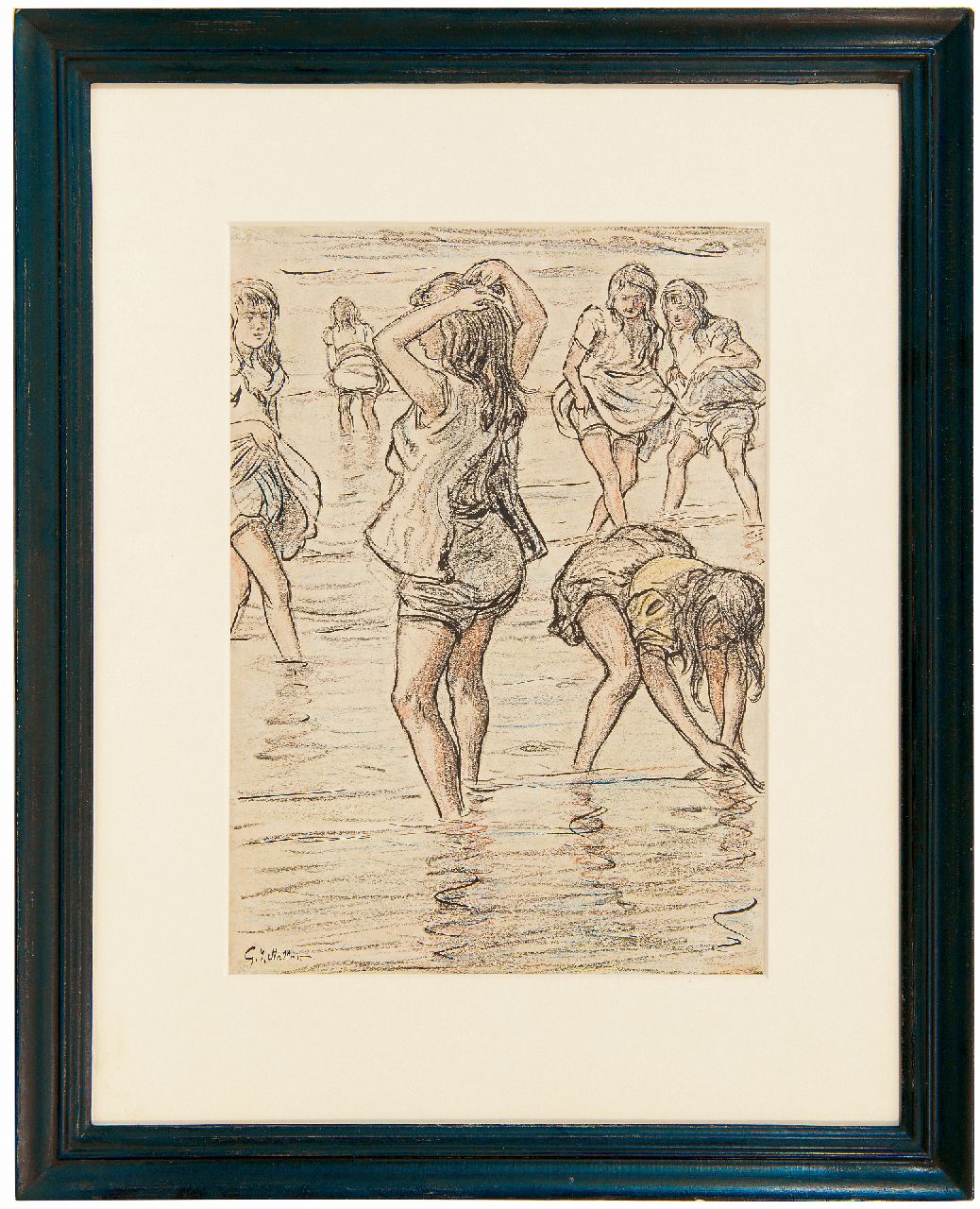 Staller G.J.  | Gerard Johan Staller | Aquarellen en tekeningen te koop aangeboden | Pootjebaden in de zee, krijt en Oost-Indische inkt op papier 33,8 x 24,0 cm, gesigneerd linksonder
