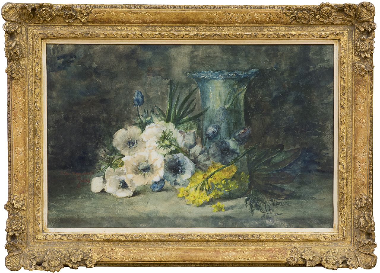 Hogendorp-'s Jacob A.J. van | Adrienne Jacqueline van Hogendorp-'s Jacob, Bloemen en glazen vaas op stenen tafel, aquarel op papier 35,5 x 55,0 cm, gesigneerd linksonder