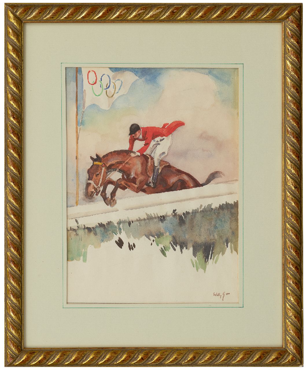 Sluiter J.W.  | Jan Willem 'Willy' Sluiter, Springruiter op de Olympische Spelen 1928, aquarel op papier 31,0 x 22,0 cm, gesigneerd rechtsonder en te dateren ca. 1928