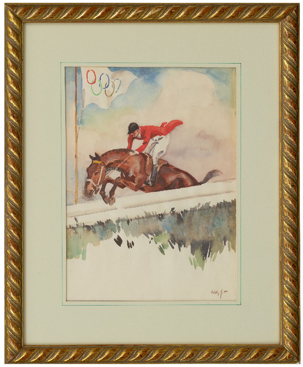 Sluiter J.W. | Jan Willem 'Willy' Sluiter, Springruiter op de Olympische Spelen 1928, aquarel op papier 31,0 x 22,0 cm, gesigneerd rechtsonder en te dateren ca. 1928 Sluiter J.W. | Jan Willem 'Willy' Sluiter, Springruiter op de Olympische Spelen 1928, aquarel op papier 31,0 x 22,0 cm, gesigneerd rechtsonder en te dateren ca. 1928