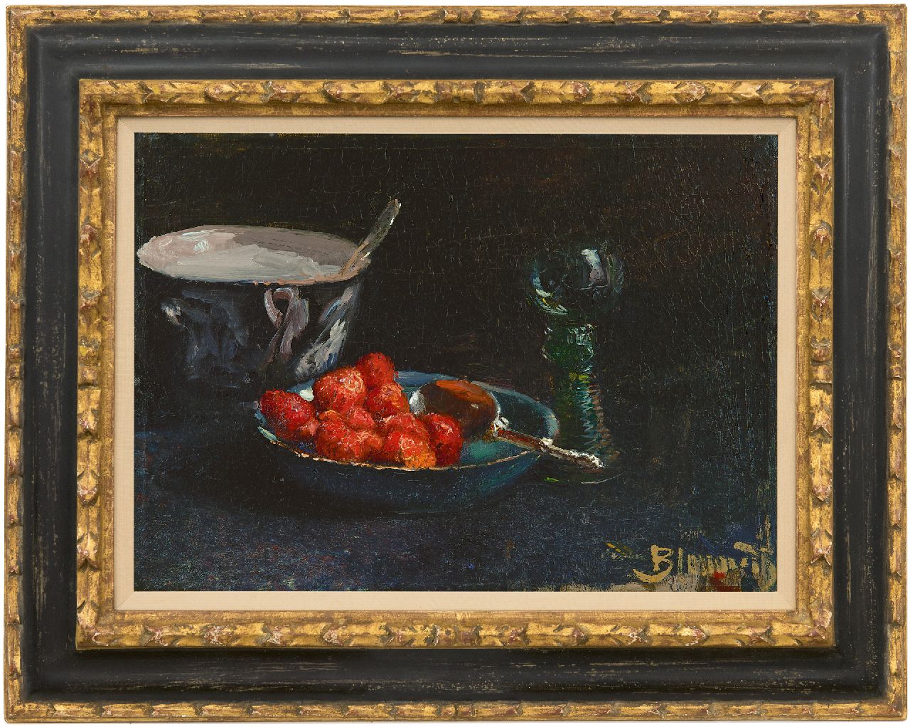 Blommers B.J.  | Bernardus Johannes Blommers | Schilderijen te koop aangeboden | Aardbeien met slagroom (en rijnwijnglas), olieverf op doek 28,8 x 40,0 cm, gesigneerd rechtsonder en te dateren ca. 1880
