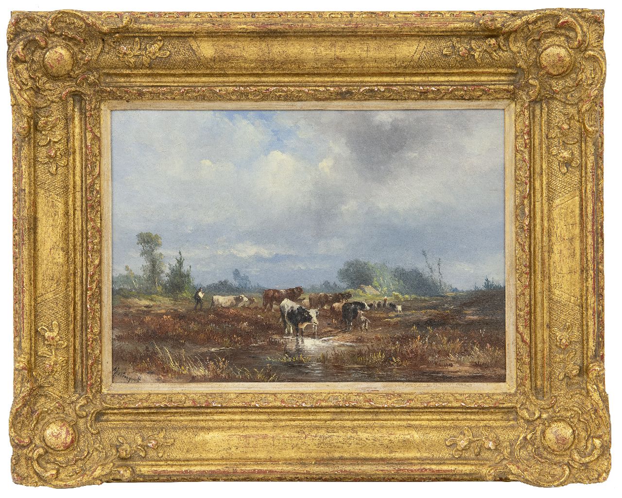 Prooijen A.J. van | Albert Jurardus van Prooijen | Schilderijen te koop aangeboden | Heidelandschap met herders en vee, olieverf op paneel 19,7 x 28,5 cm, gesigneerd linksonder