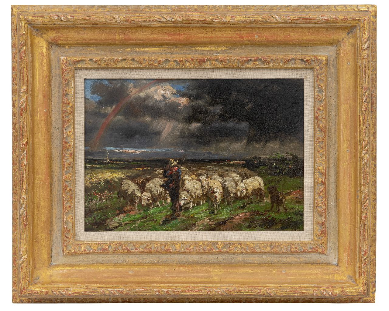 Franse School, 19e eeuw   | Franse School, 19e eeuw | Schilderijen te koop aangeboden | Kudde schapen, vluchtend voor het onweer/regenboog, olieverf op paneel 18,7 x 27,0 cm, gesigneerd rechts van het midden