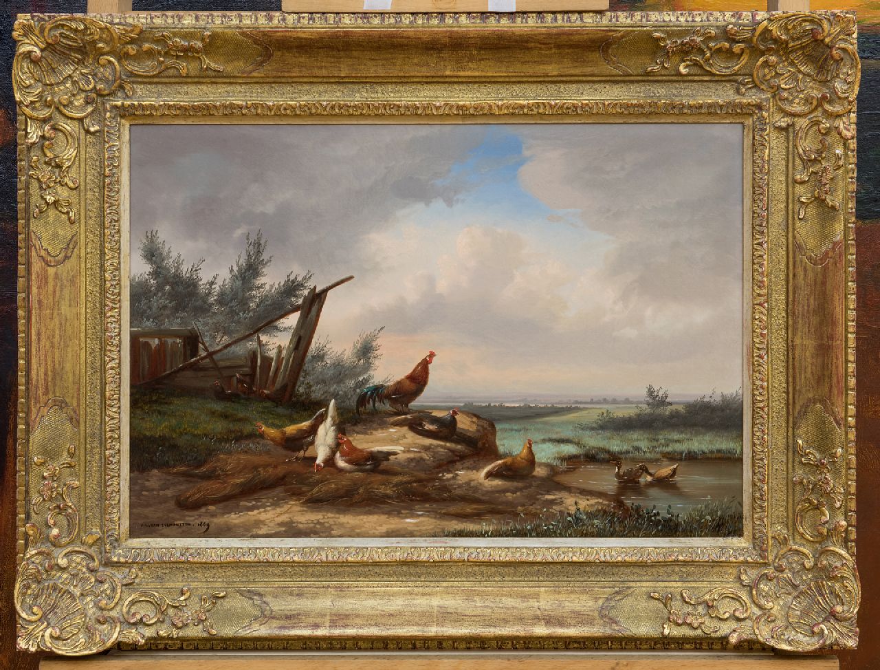 Leemputten J.L. van | Jean-Baptiste Leopold van Leemputten | Schilderijen te koop aangeboden | Haan en kippen bij een hek, olieverf op paneel 33,0 x 48,2 cm, gesigneerd linksonder en gedateerd 1869