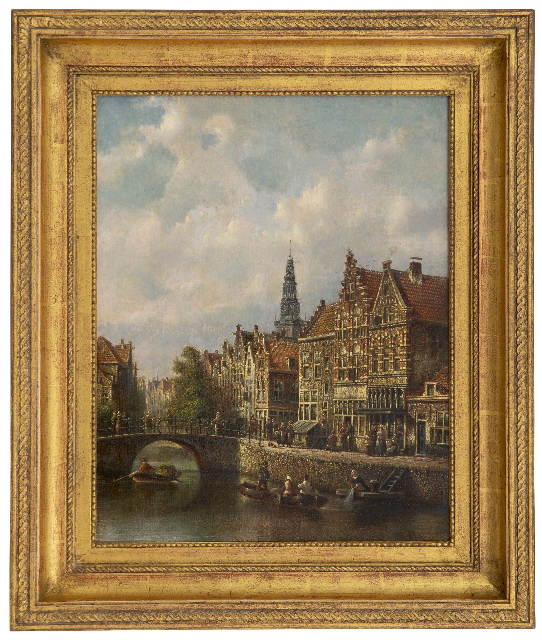 Spohler J.F.  | Johannes Franciscus Spohler | Schilderijen te koop aangeboden | Stadsgezicht met de Amsterdamse Oudekerkstoren, olieverf op doek 44,0 x 34,9 cm, gesigneerd rechtsonder