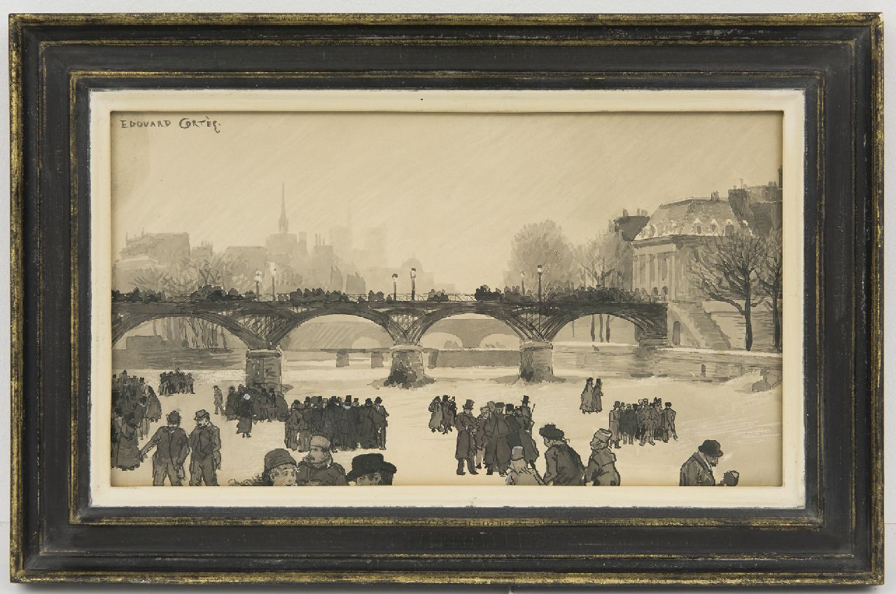 Cortes E.  | Edouard Cortes | Aquarellen en tekeningen te koop aangeboden | Schaatsers op de Seine, Parijs i.o., inkt op papier 17,1 x 30,8 cm, gesigneerd linksboven