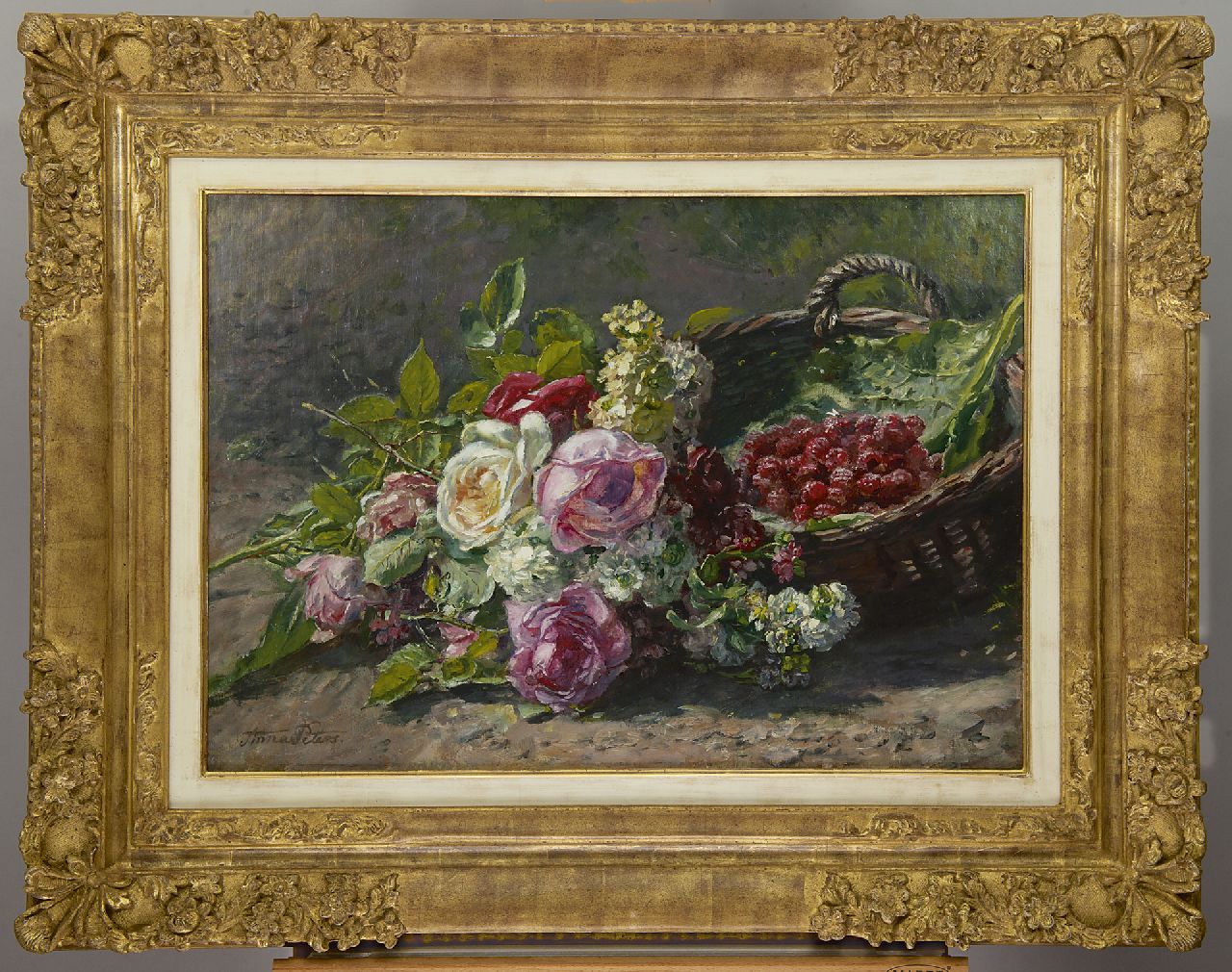 Peters A.  | Anna Peters, Stilleven met rozen en korf met frambozen, olieverf op doek 42,8 x 60,1 cm, gesigneerd linksonder en te dateren ca. 1880