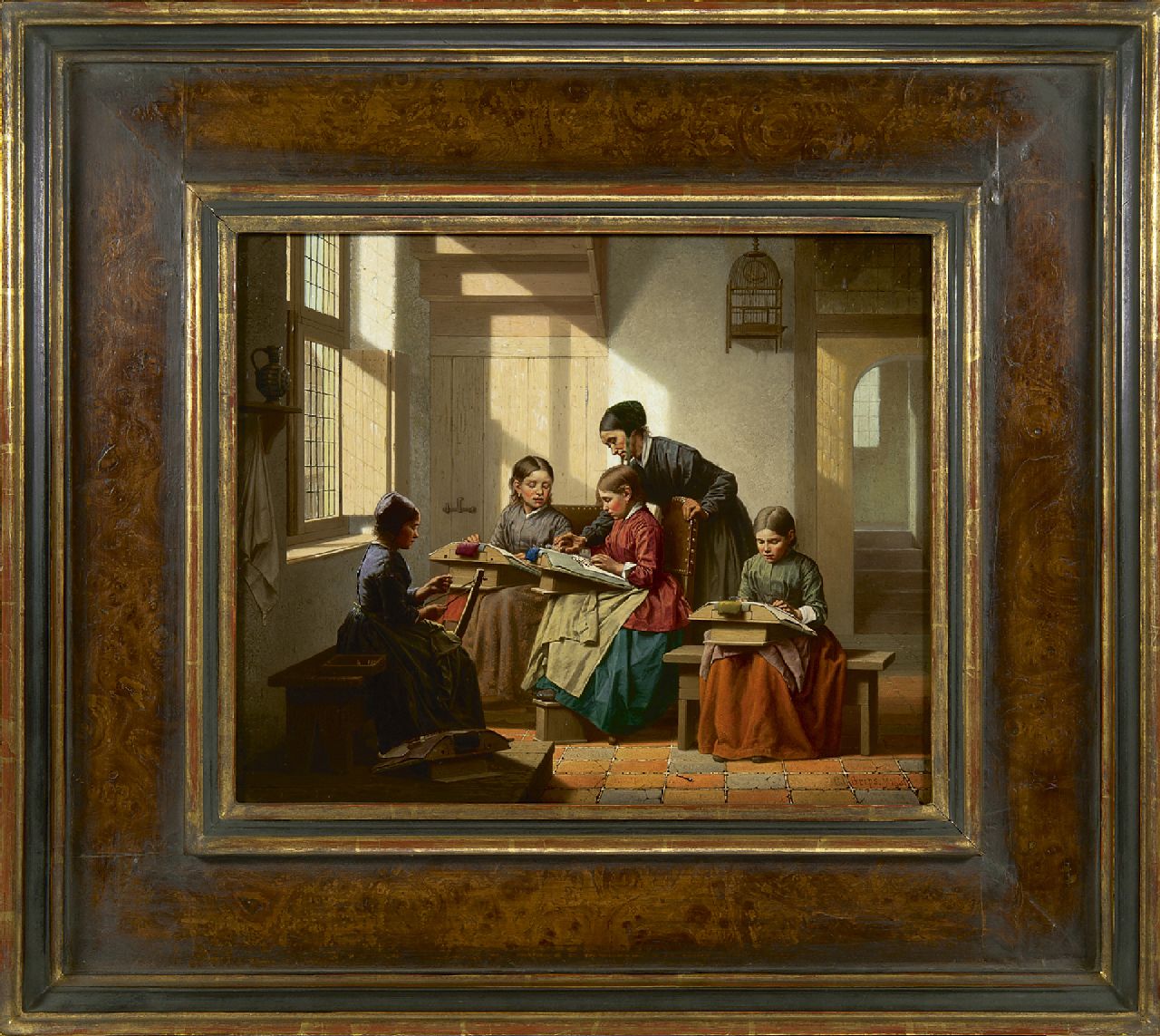 Grips C.J.  | Carel Jozeph Grips, De kantklosles, olieverf op paneel 28,6 x 35,1 cm, gesigneerd rechtsonder en gedateerd 1861