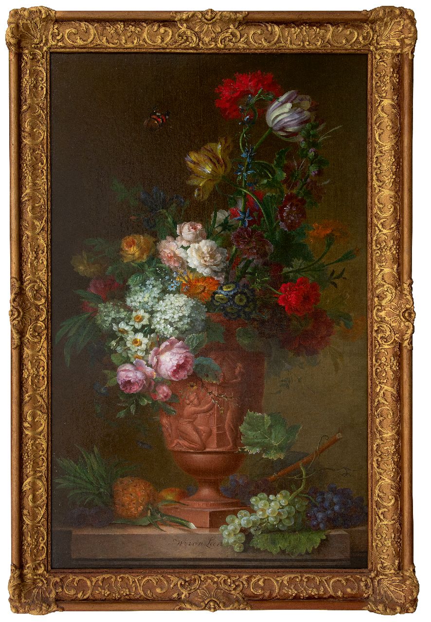 Leen W. van | Willem van Leen | Schilderijen te koop aangeboden | Pronkstilleven met bloemen en vruchten, olieverf op doek 130,5 x 75,2 cm, gesigneerd middenonder