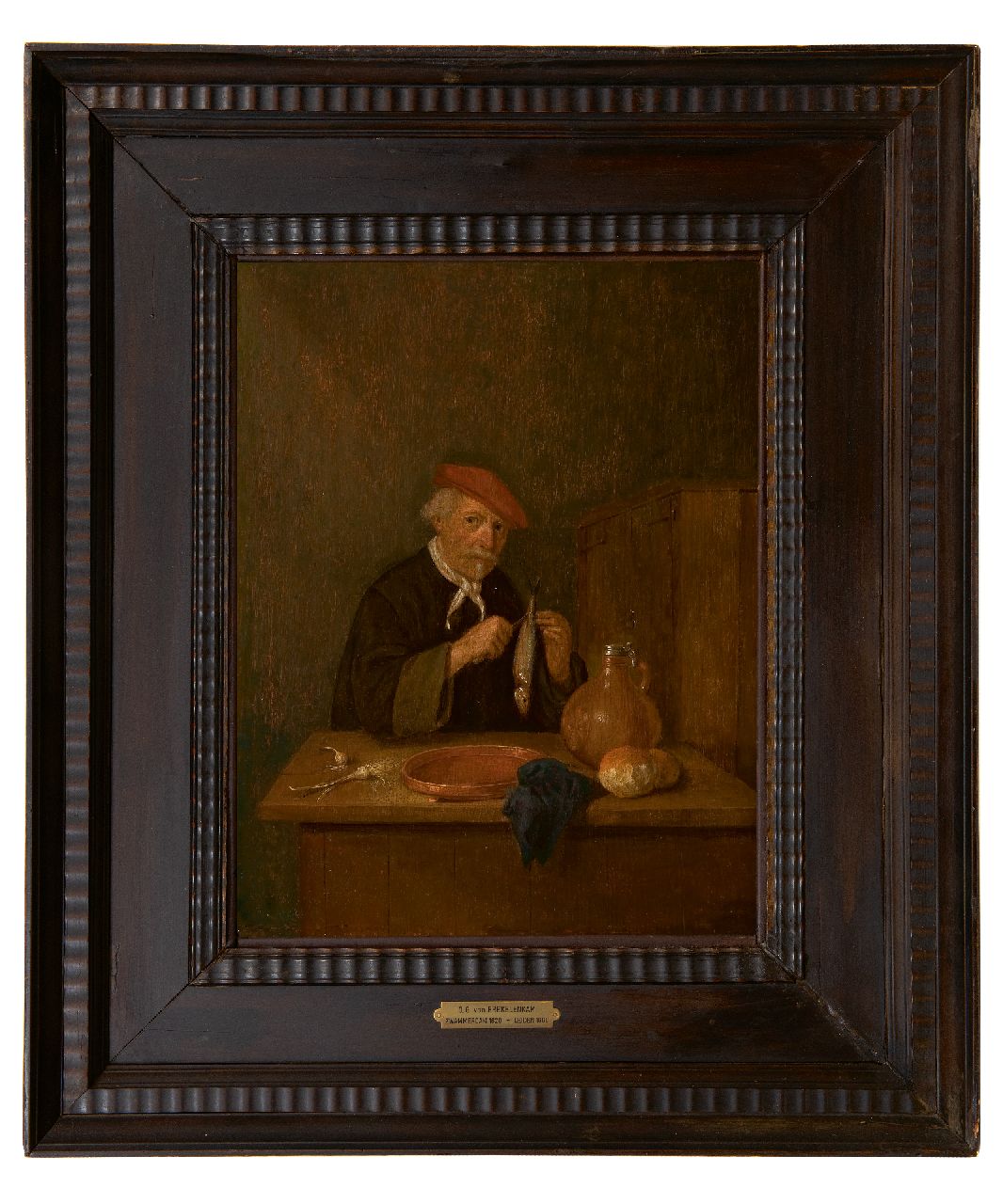 Brekelenkam Q.G. van | Quiringh Gerritz. van Brekelenkam | Schilderijen te koop aangeboden | Man met haring, olieverf op paneel 39,5 x 30,4 cm, gesigneerd rechtsonder met initialen en gedateerd 1665