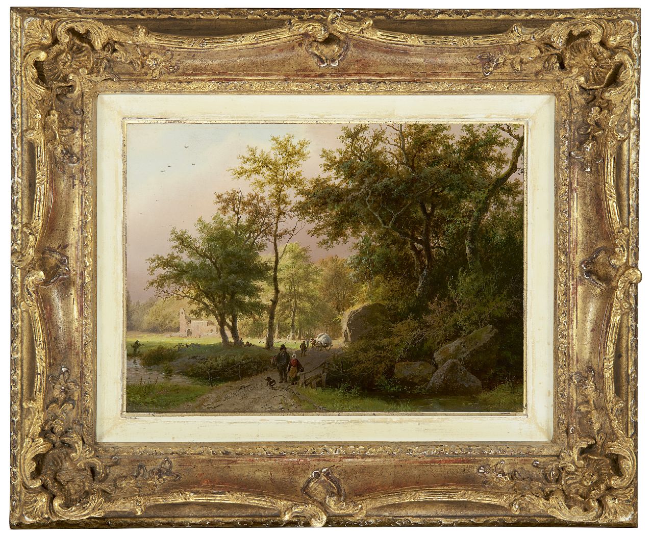 Koekkoek B.C.  | Barend Cornelis Koekkoek, Landvolk op een bospad bij een ruïne, olieverf op paneel 17,7 x 24,4 cm, gesigneerd middenonder en gedateerd 1849