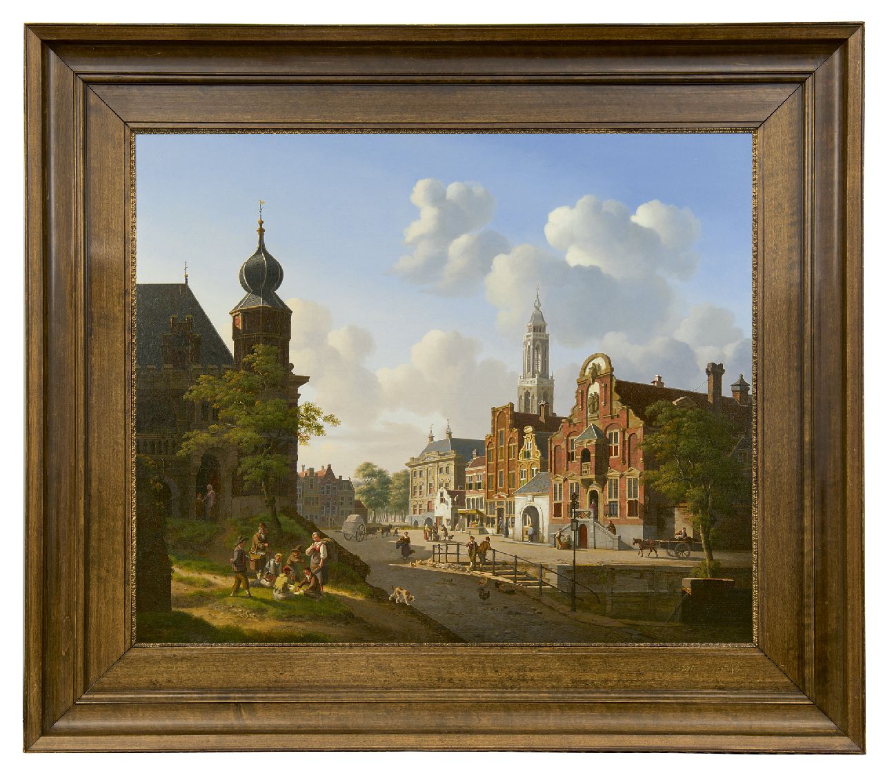 Verheijen J.H.  | Jan Hendrik Verheijen, Zonnig stadsgezicht met kaartspelers op de voorgrond, olieverf op doek 66,9 x 79,6 cm, gesigneerd rechtsonder