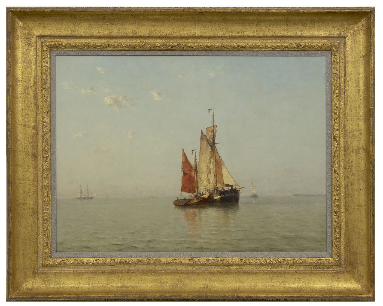 Schütz J.F. | Jan Frederik Schütz, Zeilschepen voor anker op rustig water, Zeeland, olieverf op doek 52,5 x 71,0 cm, gesigneerd linksonder en gedateerd '86 Schütz J.F. | Jan Frederik Schütz, Zeilschepen voor anker op rustig water, Zeeland, olieverf op doek 52,5 x 71,0 cm, gesigneerd linksonder en gedateerd '86