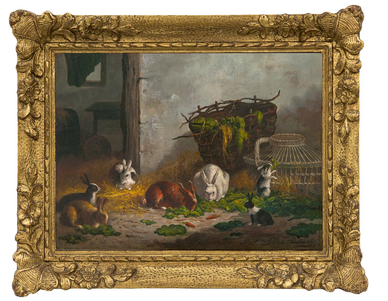 Baarle N. van | Nicolaas 'Nico' van Baarle | Schilderijen te koop aangeboden | Voedertijd in de hazenstal, olieverf op paneel 27,0 x 36,3 cm, gesigneerd rechtsonder