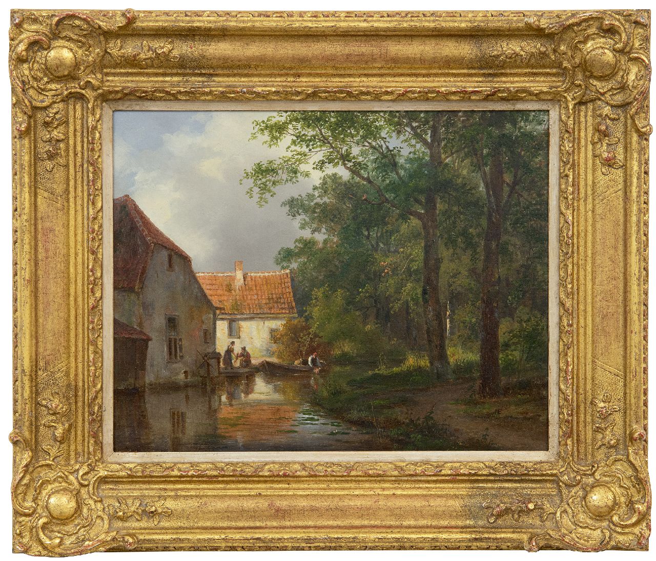 Breuhaus de Groot F.  | Frans Breuhaus de Groot | Schilderijen te koop aangeboden | Visverkoop aan de dorpsbeek, olieverf op paneel 24,4 x 30,6 cm, gesigneerd rechtsonder (vaag)