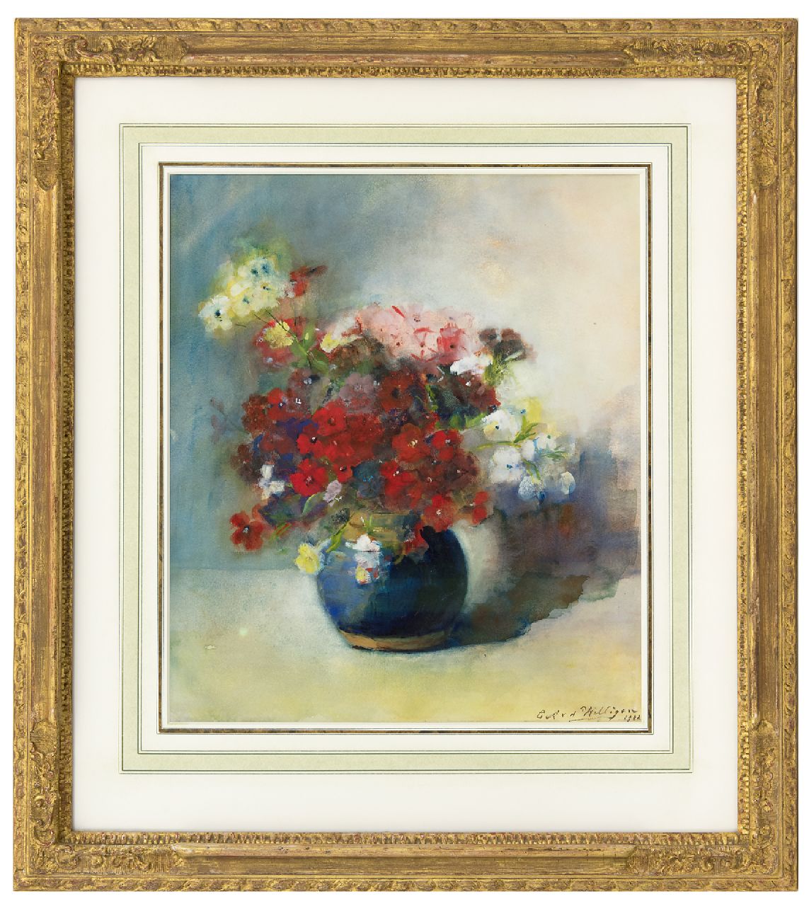 Willigen C.A. van der | Christina Abigael 'Chrisje' van der Willigen, Bloemen in blauwe pot, aquarel op papier 42,0 x 37,5 cm, gesigneerd rechtsonder en gedateerd 1902