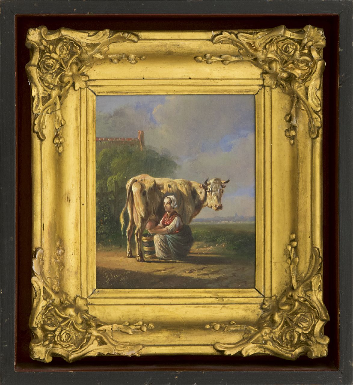 Verhoesen A.  | Albertus Verhoesen, Melkster, olieverf op paneel 12,5 x 10,4 cm, gesigneerd linksonder en gedateerd 1863