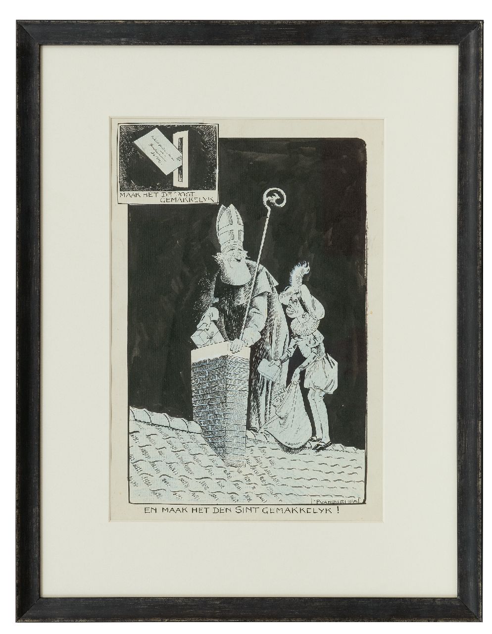 Hem P. van der | Pieter 'Piet' van der Hem | Aquarellen en tekeningen te koop aangeboden | Sint Nicolaasavond, Oost-Indische inkt en krijt op papier 38,5 x 24,8 cm, gesigneerd rechtsonder