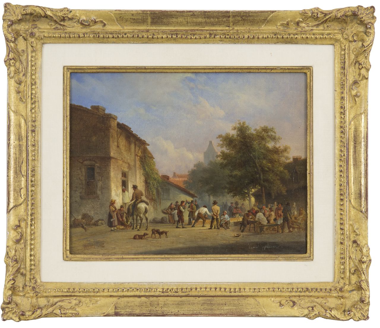 Gijselman W.  | Warner Gijselman | Schilderijen te koop aangeboden | Kegelen op het dorpsplein, olieverf op doek 17,9 x 23,0 cm, gesigneerd rechtsonder
