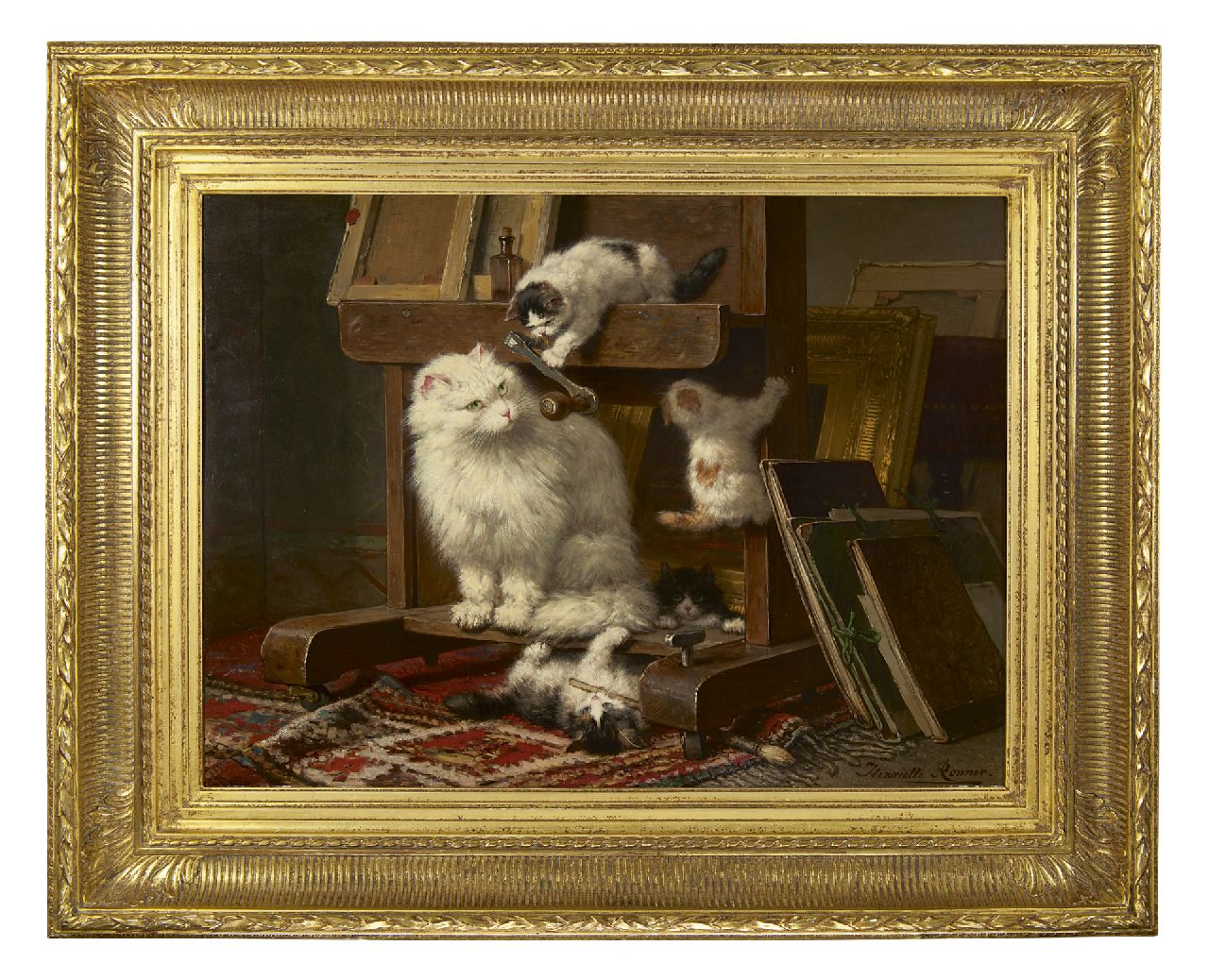 Ronner-Knip H.  | Henriette Ronner-Knip, Poezenfamilie in het atelier, olieverf op paneel 54,5 x 72,0 cm, gesigneerd rechtsonder en gedateerd 1878
