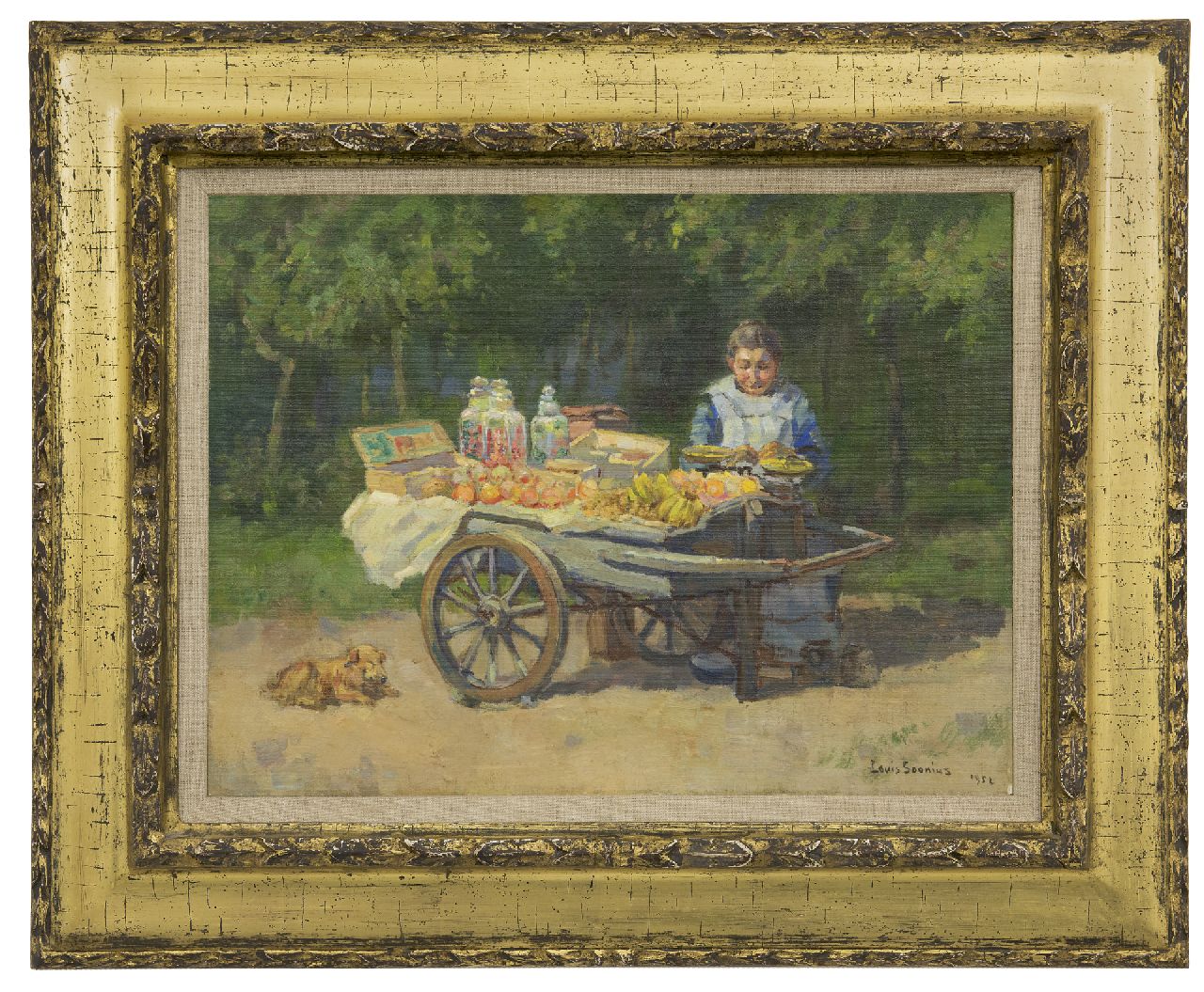 Soonius L.  | Lodewijk 'Louis' Soonius | Schilderijen te koop aangeboden | Straatverkoopster met fruit en snoepgoed, olieverf op doek 30,5 x 40,5 cm, gesigneerd rechtsonder en gedateerd 1952