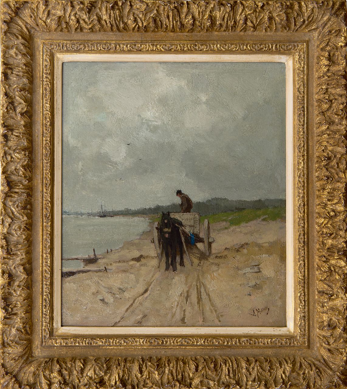 Mauve A.  | Anthonij 'Anton' Mauve, Zandrijder aan de oever van de rivier de Rijn, olieverf op doek 32,9 x 28,1 cm, gesigneerd rechtsonder en te dateren ca. 1875-1880