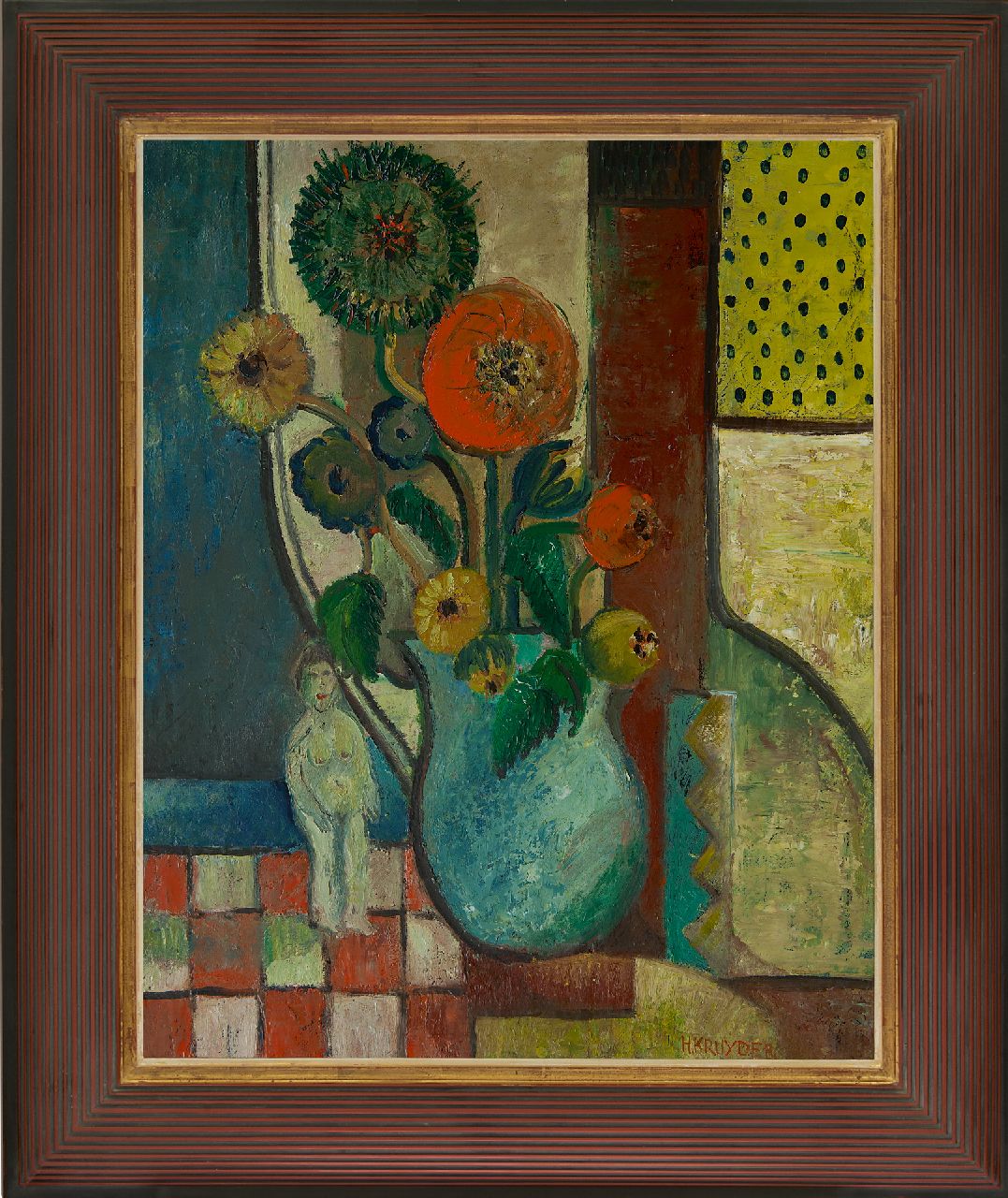 Kruyder H.J.  | 'Herman' Justus Kruyder, Stilleven met bloemen in blauwe vaas en naaktbeeldje, olieverf op doek 69,0 x 54,8 cm, gesigneerd rechtsonder en te dateren ca. 1931