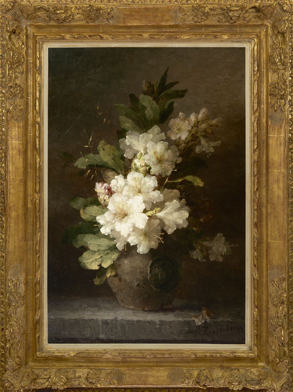 Roosenboom M.C.J.W.H.  | 'Margaretha' Cornelia Johanna Wilhelmina Henriëtta Roosenboom, Rododendrontakken in stenen kruik, olieverf op doek 64,8 x 43,5 cm, gesigneerd rechtsonder