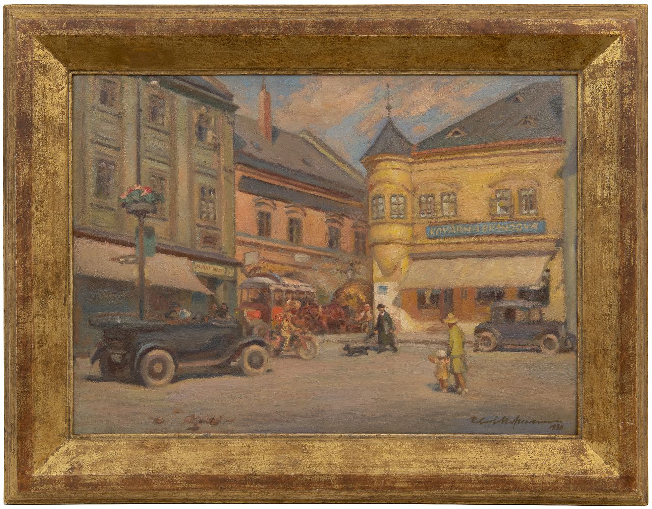 Hofmann R. | Robert Hofmann | Schilderijen te koop aangeboden | Marktplein in Kroměříž met het bekende koffiehuis Kavárna Brándova, Tsjecho-Slowakije,, olieverf op schildersboard 38,3 x 53,0 cm, gesigneerd linksonder en gedateerd 1930 Hofmann R. | Robert Hofmann | Schilderijen te koop aangeboden | Marktplein in Kroměříž met het bekende koffiehuis Kavárna Brándova, Tsjecho-Slowakije,, olieverf op schildersboard 38,3 x 53,0 cm, gesigneerd linksonder en gedateerd 1930