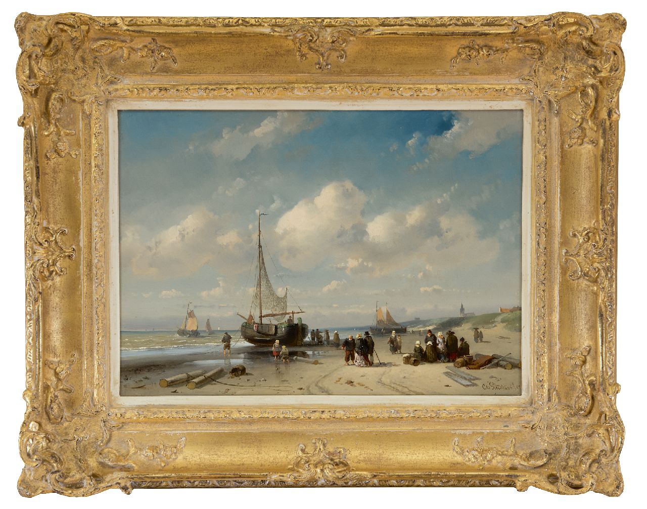 Leickert C.H.J. | 'Charles' Henri Joseph Leickert, Vissers en wandelaars op het strand bij Scheveningen, olieverf op paneel 27,5 x 38,7 cm, gesigneerd rechtsonder voluit en linksonder onduidelijk en gedateerd '57 Leickert C.H.J. | 'Charles' Henri Joseph Leickert, Vissers en wandelaars op het strand bij Scheveningen, olieverf op paneel 27,5 x 38,7 cm, gesigneerd rechtsonder voluit en linksonder onduidelijk en gedateerd '57