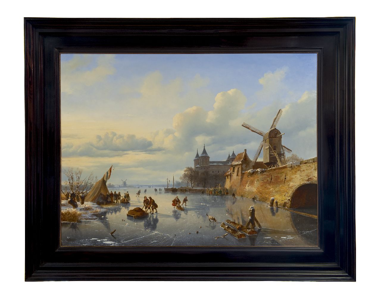 Lieste C.  | Cornelis Lieste, Schaatsers en figuren bij een stadmuur en waterpoort, olieverf op paneel 71,1 x 93,5 cm, gesigneerd rechtsonder en gedateerd 1843