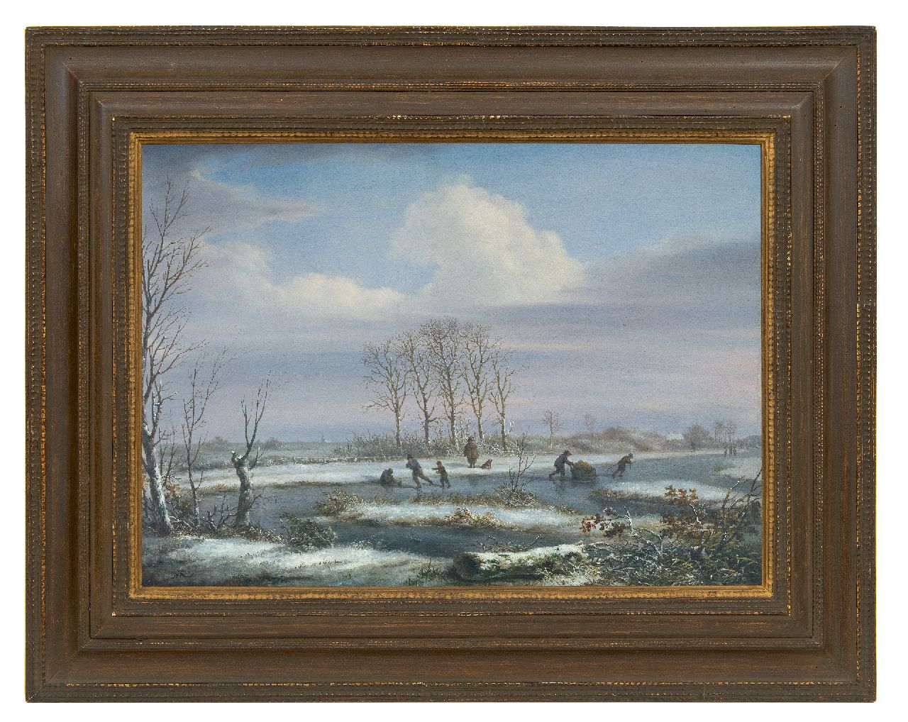 Kouwenhoven J. van | Jacob van Kouwenhoven | Schilderijen te koop aangeboden | Winterlandschap met schaatsers, olieverf op paneel 31,0 x 43,6 cm, gesigneerd linksonder met initialen