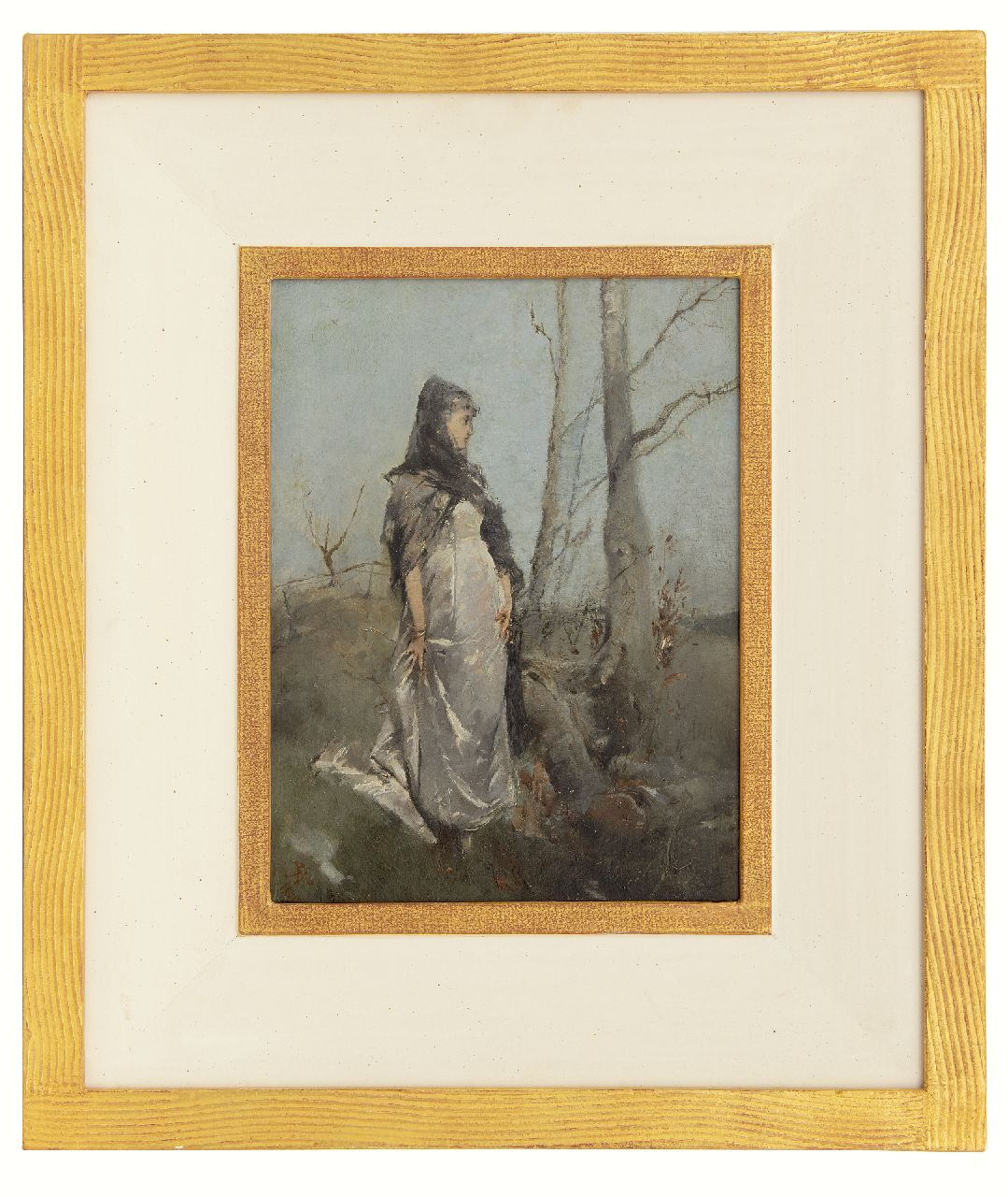 Haaxman P.A.  | Pieter Alardus Haaxman | Schilderijen te koop aangeboden | Vrouw in een landschap, olieverf op paneel 34,0 x 25,5 cm, gesigneerd linksonder met monogram en gedateerd 1879
