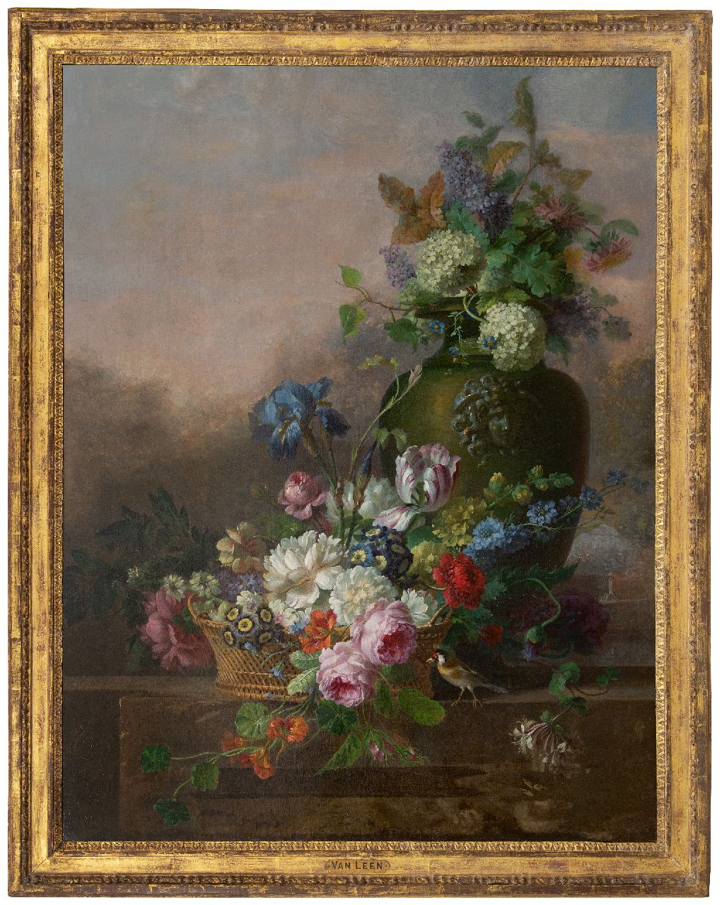 Leen W. van | Willem van Leen, Bloemstilleven met rozen, tulp, iris en andere bloemen, olieverf op doek 116,2 x 90,8 cm, gesigneerd met resten van signatuur