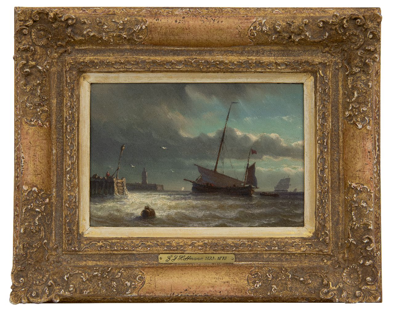 Hoffmann G.J.  | Georges Johannes Hoffmann | Schilderijen te koop aangeboden | Vissersschip voor een haveningang, olieverf op paneel 12,9 x 18,6 cm