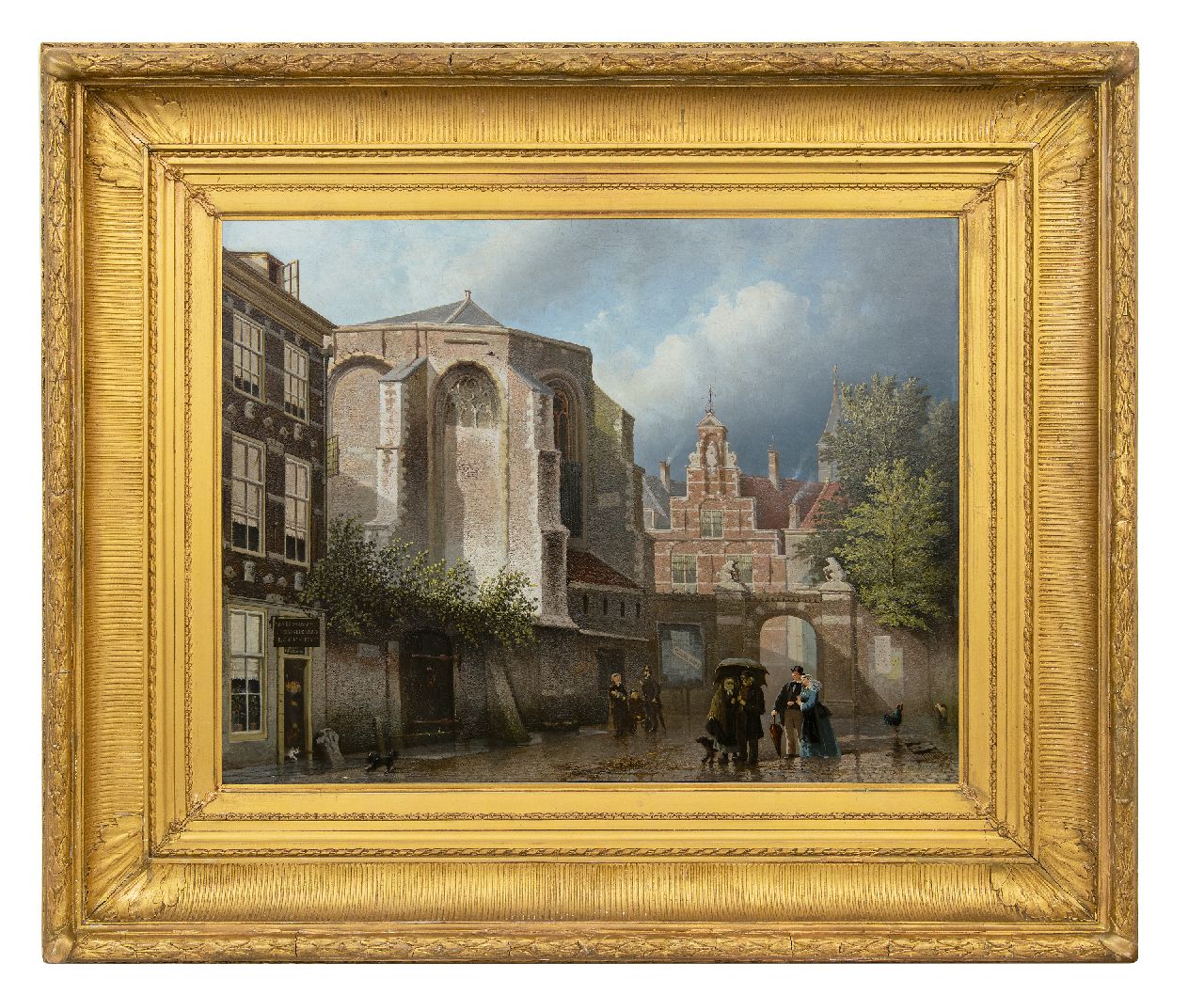 Bles J.  | Joseph Bles | Schilderijen te koop aangeboden | Regen en zonneschijn op een kerkplein, olieverf op paneel 51,9 x 67,9 cm, gesigneerd linksonder