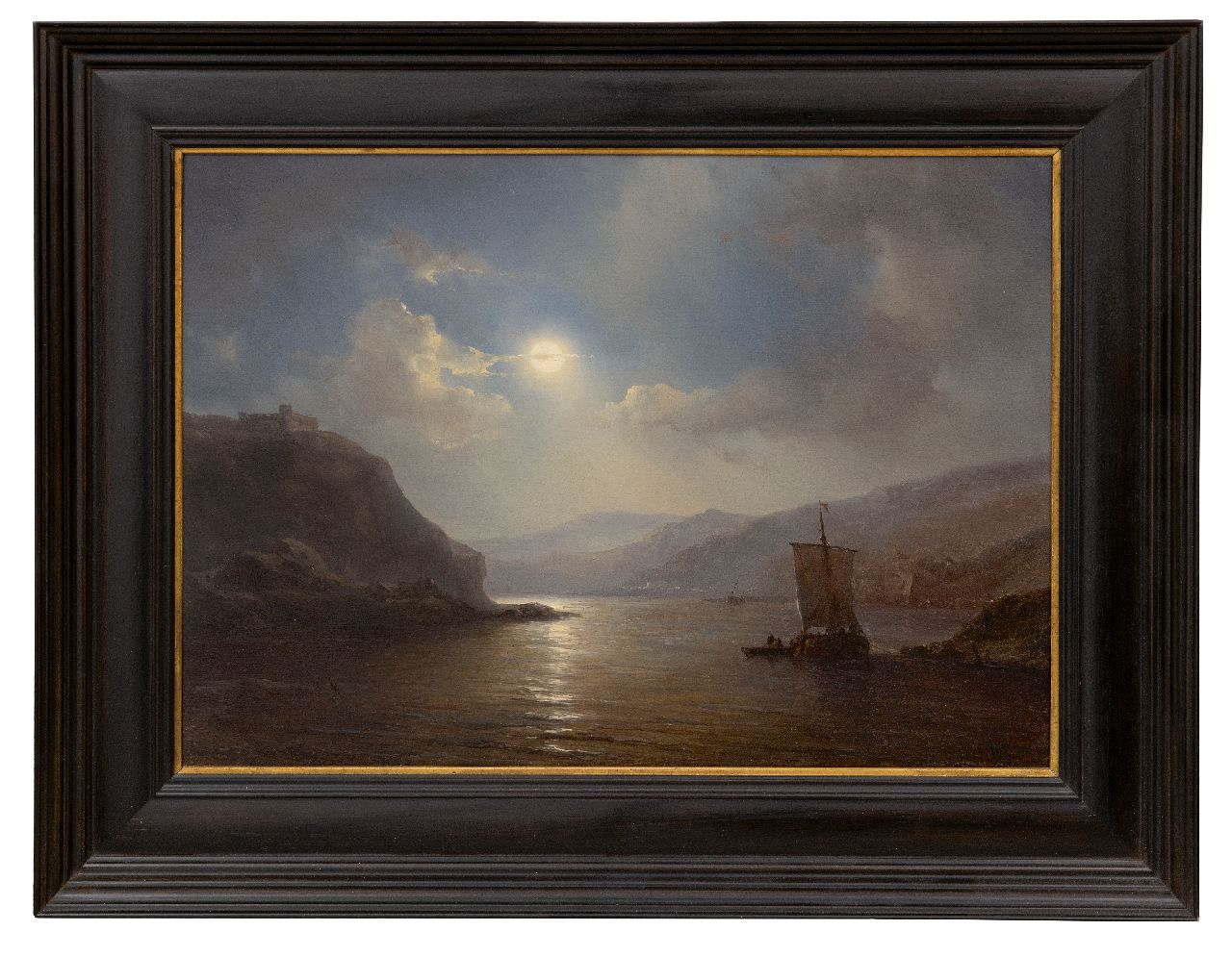 Meijer J.H.L.  | Johan Hendrik 'Louis' Meijer | Schilderijen te koop aangeboden | Rivier met afgemeerd schip bij maanlicht, olieverf op paneel 30,0 x 41,4 cm, gesigneerd rechtsonder