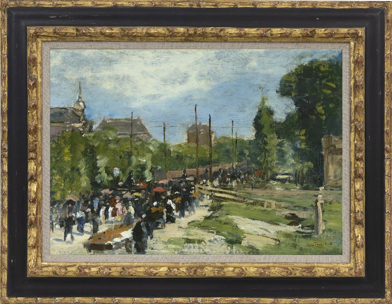 Poggenbeek G.J.H.  | George Jan Hendrik 'Geo' Poggenbeek | Schilderijen te koop aangeboden | Optocht in Amsterdam, olieverf op doek 33,9 x 48,2 cm, gesigneerd rechtsonder
