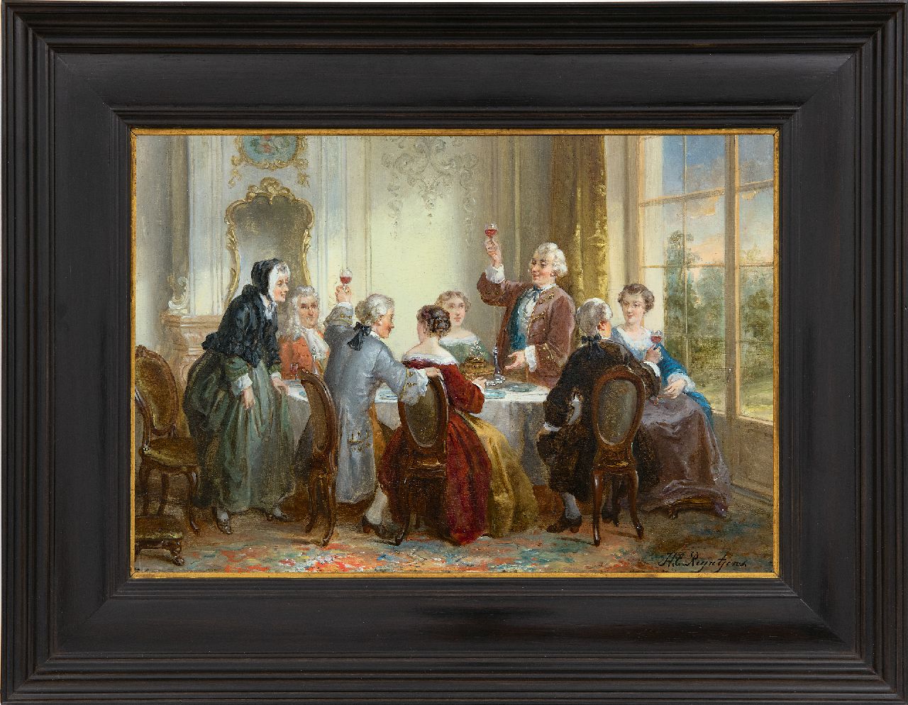 Reijntjens H.E.  | Henricus Engelbertus Reijntjens, Het verlovingsdiner, olieverf op paneel 22,9 x 33,5 cm, gesigneerd rechtsonder