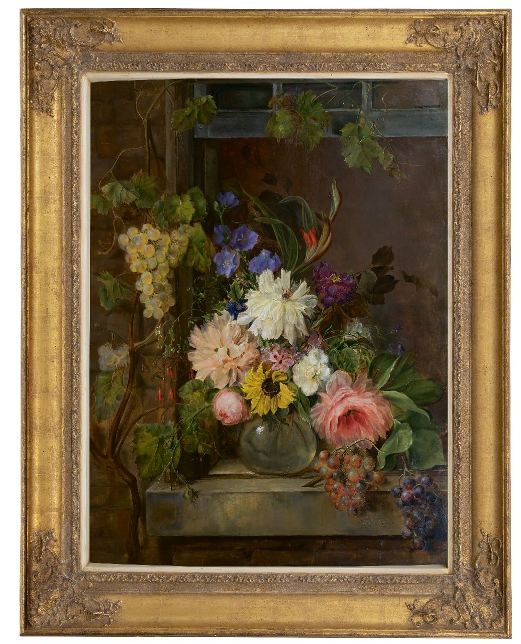 Os G.J.J. van | Georgius Jacobus Johannes van Os | Schilderijen te koop aangeboden | Stilleven met bloemen en druiven, olieverf op paneel 97,0 x 75,5 cm, gesigneerd rechtsonder en gedateerd 1809