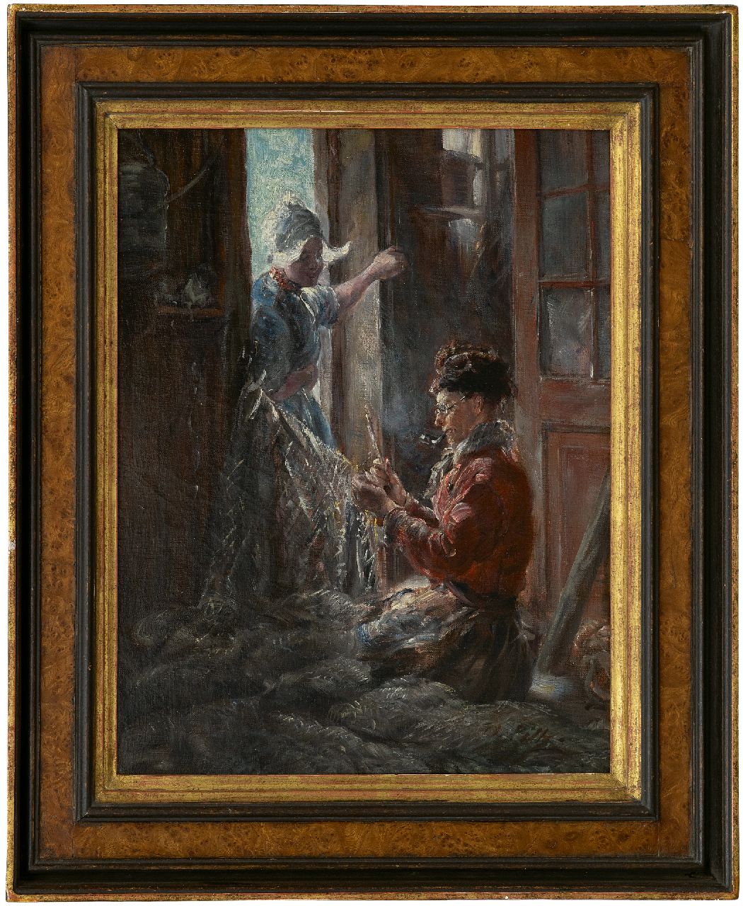 Piltz O.  | Otto Piltz | Schilderijen te koop aangeboden | Netten boeten, Volendam, olieverf op doek 45,6 x 36,4 cm, gesigneerd rechtsonder en te dateren ca. 1909