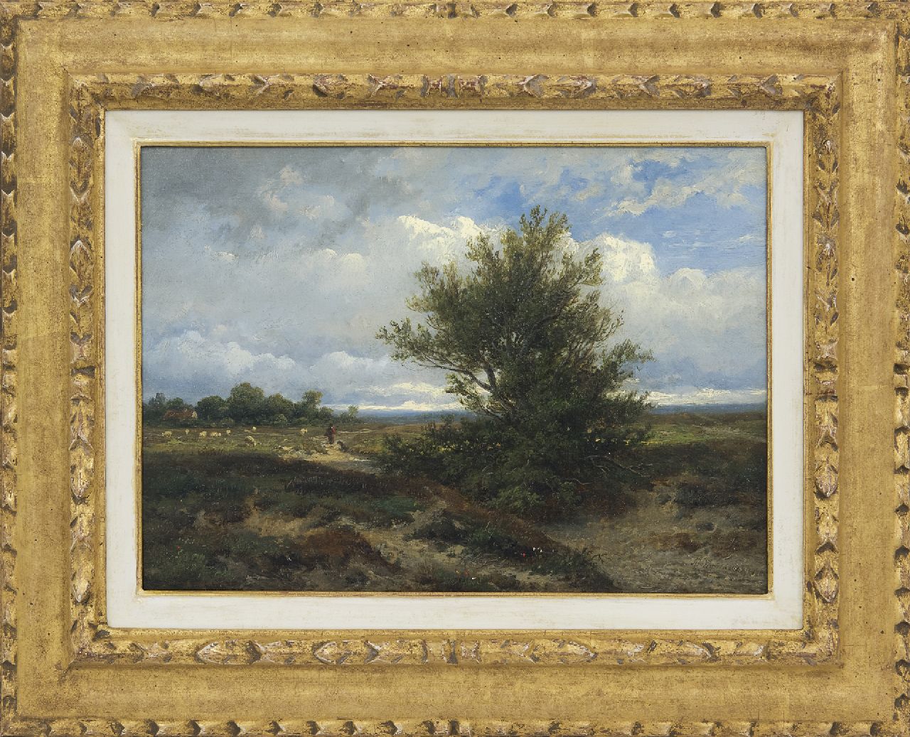 Wijngaerdt A.J. van | Anthonie Jacobus van Wijngaerdt | Schilderijen te koop aangeboden | Heidelandschap met herder en schapen, olieverf op paneel 22,3 x 31,0 cm, gesigneerd rechtsonder en gedateerd 1865